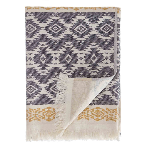 Strandtuch Gilao, Naturweiß & Dunkelblau & Senfgelb, 100% Baumwolle | URBANARA Strandtücher