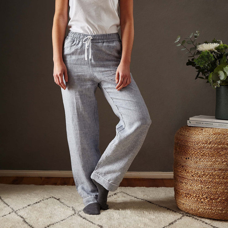 Pyjama Casaal, Dunkles Graublau & Weiß, 100% Leinen & 100% Baumwolle